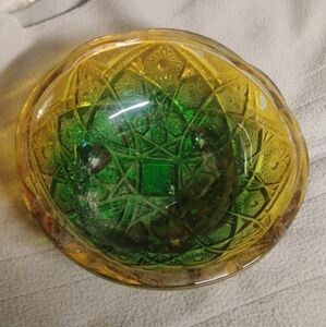 Elegant Green and Yellow Glass Bowl Heavy Cut